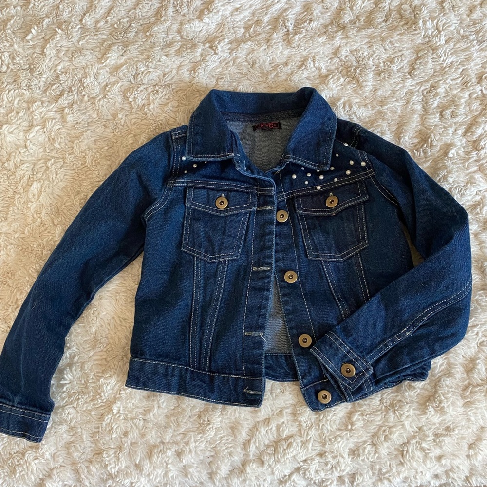 NYC Dark Wash Blue Jean Jacket With Pearl Embellishment.